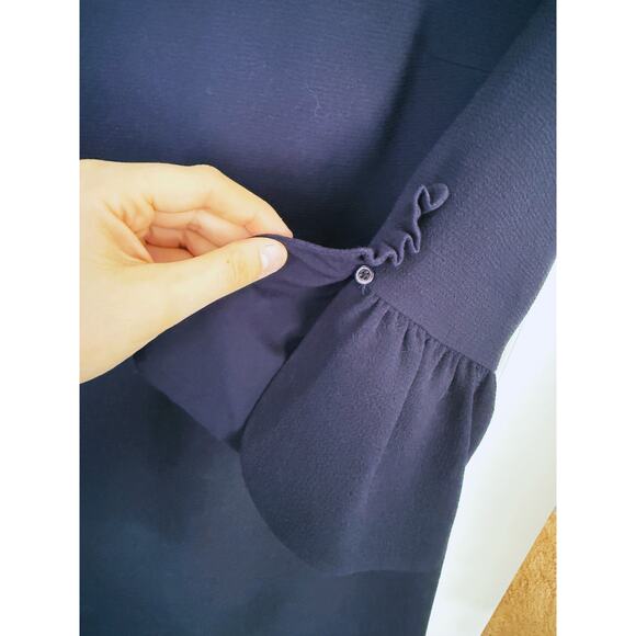 Club Monaco Crepe Shift Dress 3/4 Bell Ruffle Sleeves 2 Cocktail Event Navy Blue - Picture 10 of 10